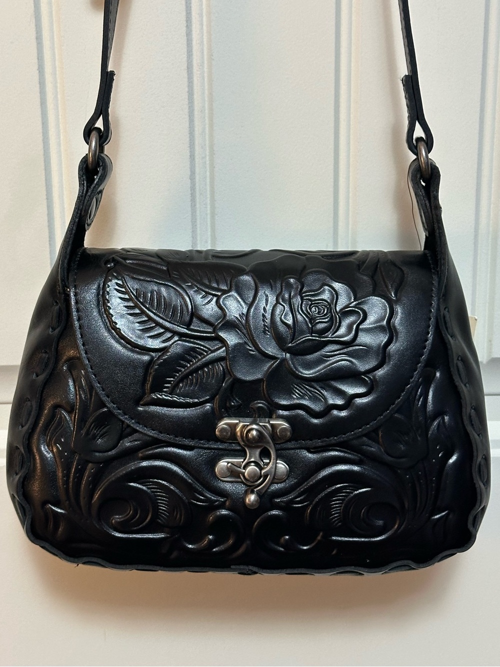 Patricia Nash Rose Tooled Collection Black Leather Lucia Crossbody